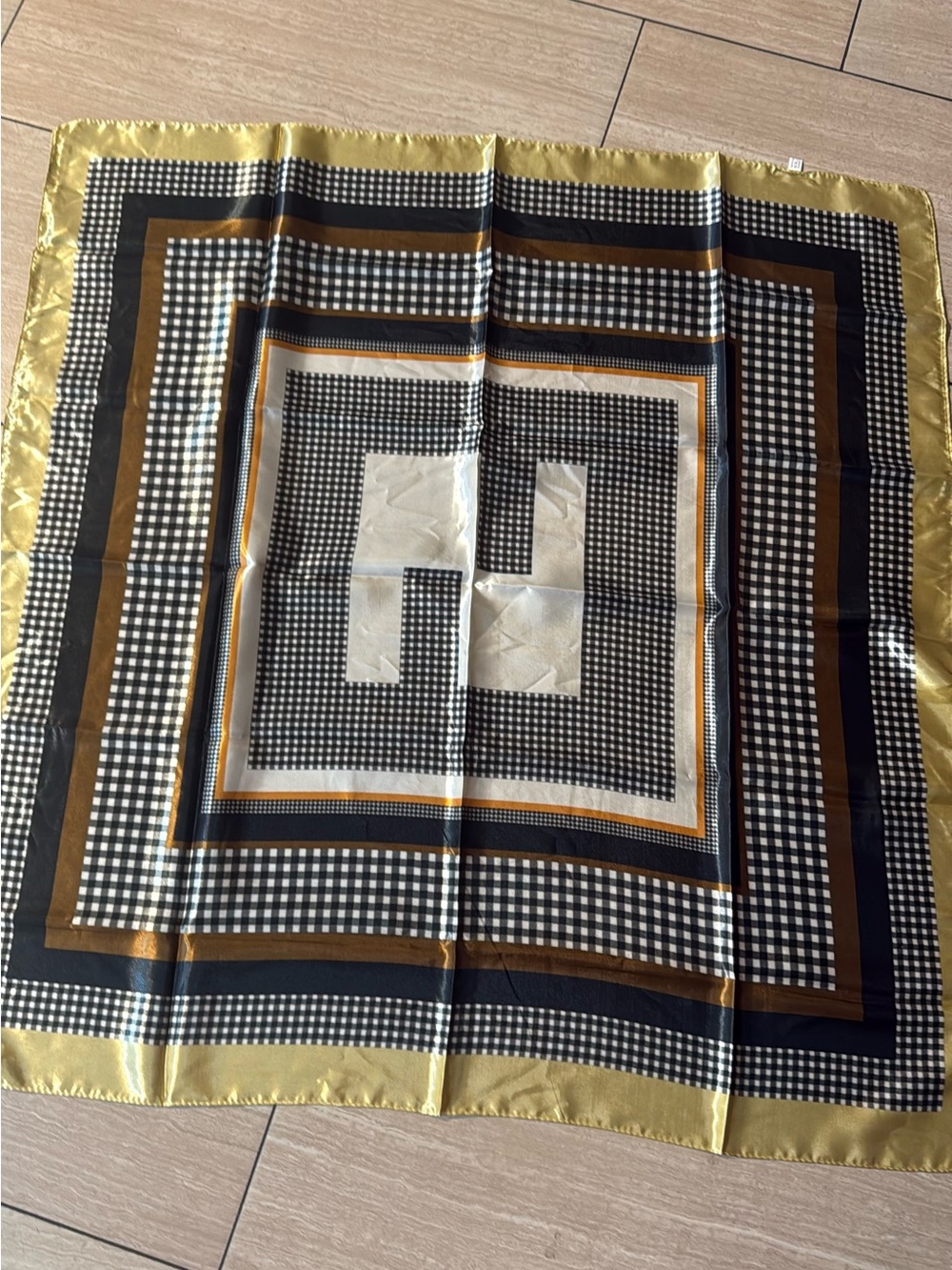 Silky Checkered Square Scarf in Black, White & Gold